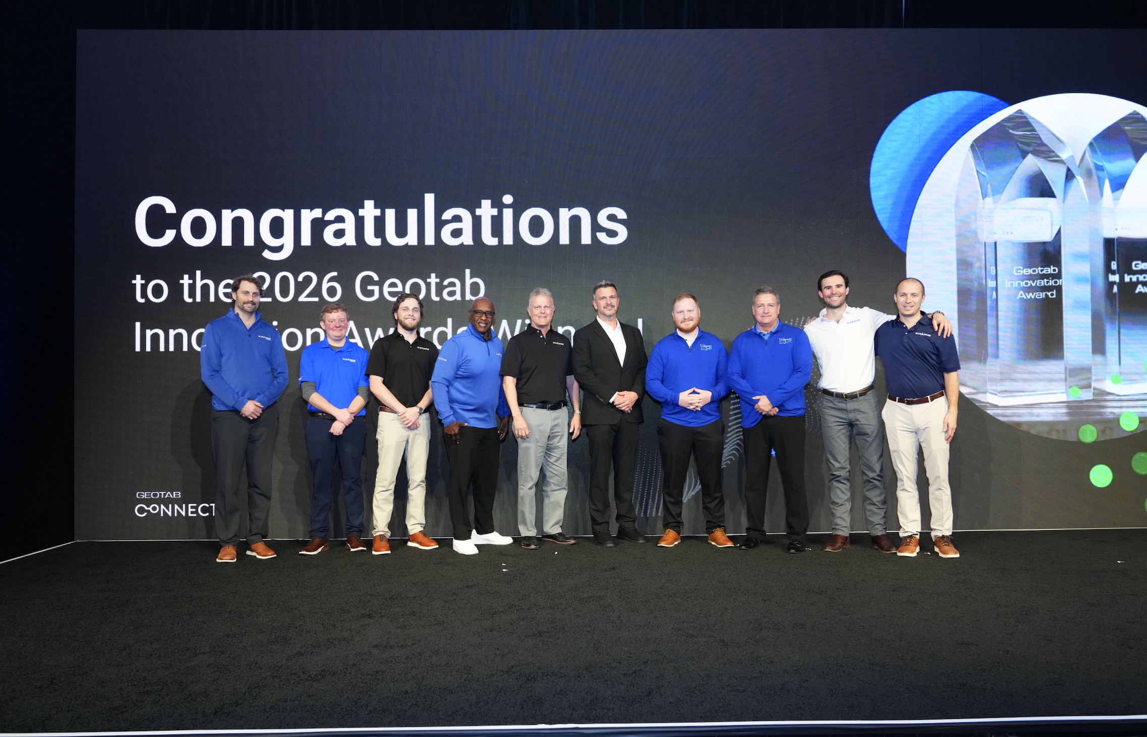 Image of BlueArrow team accepting 2026 Geotab Innovation Award